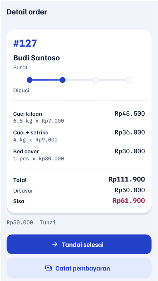 Rincian order: layanan, total, sisa bayar, dan tombol catat pembayaran